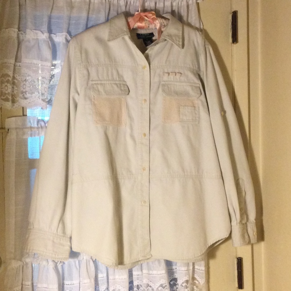 Vintage Lauren Ralph Lauren Khaki 100% Cotton Utility Field Long Sleeve Shirt